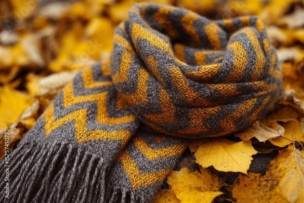 Fototapeta Warm Wool Scarf Draped Over Vibrant Autumn Leaves in a Tranquil Setting Generative AI