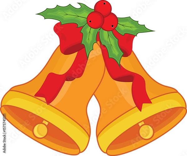 Obraz Jingle bell Christmas hanging on red ribbon and holly berries leaves