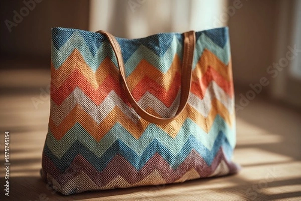 Fototapeta Charming Boho Bag With Chevron Pattern Resting in Sunlit Living Room Generative AI
