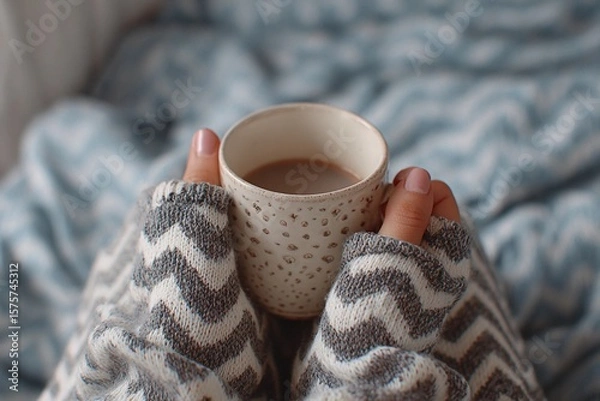 Fototapeta Cozy Morning Ritual With a Soft Chevron Print and Warm Beverage in Hand Generative AI