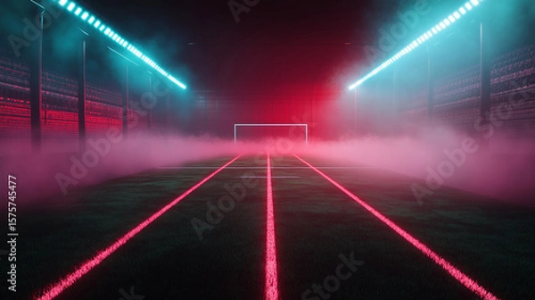 Fototapeta Football field with texture and neon fog - center, middle of the field. Concept of live broadcasts of sports events, tournament, large football stadium.