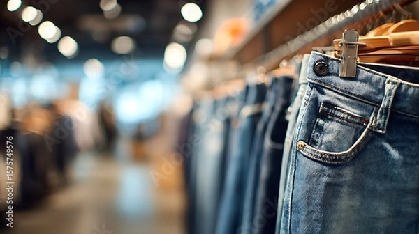 Fototapeta Casual jeans on a hanger placed on one side, clothing store background blurred, empty side for text 