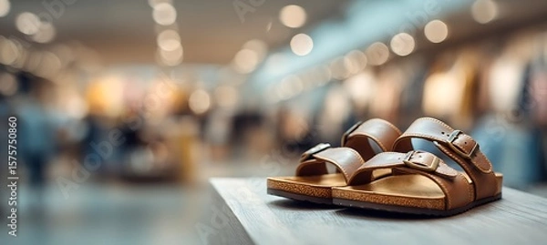 Fototapeta Casual sandals placed right, summer retail setting blurred, text space on left 