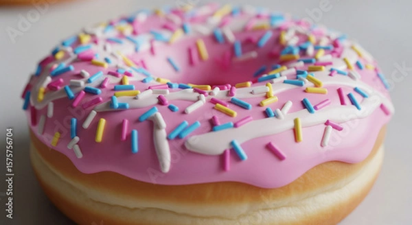 Obraz Pink donut with white icing and sugar, hyper-realistic, delicious textures, bright colors