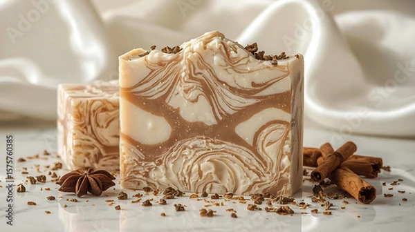 Fototapeta Handcrafted soap bar with intricate textures, swirling white and caramel tones, and aromatic spices. Set on a glossy white surface with silk fabric background, captured in high detail with dramatic li