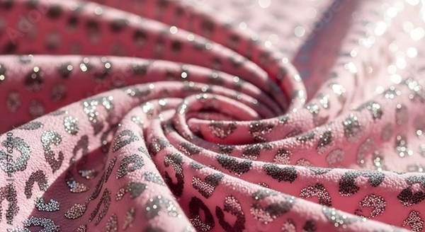 Fototapeta Pink Fabric with Glittery Leopard Print Swirl Textile Macro.