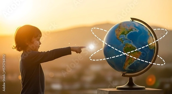 Fototapeta Young Boy Interacting With a Globe at Sunset Illustrating Global Connection.