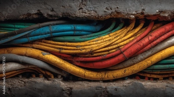 Fototapeta Abstract composition of tangled colorful electrical wires