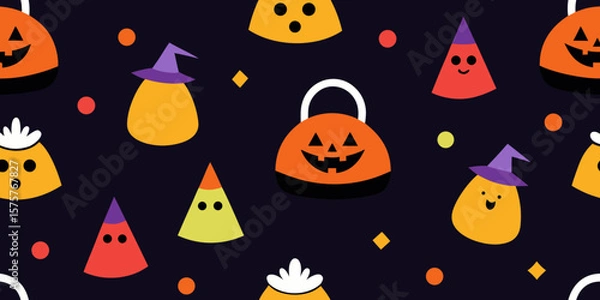 Fototapeta Spooky Halloween seamless pattern with cartoon pumpkin, bat, ghost, cat, witch, and spider icons, perfect for a festive October party background illustration