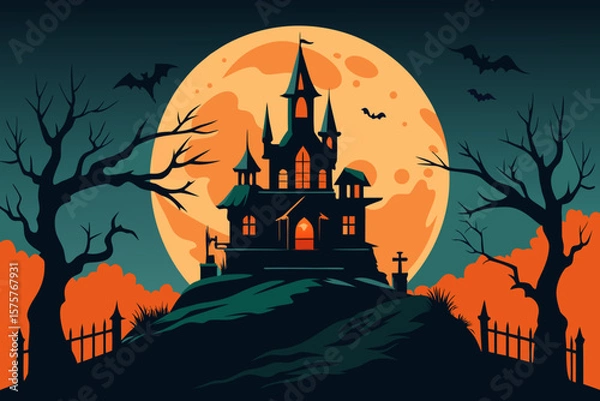 Fototapeta Spooky Halloween night with a haunted castle, full moon, flying bats, and scary trees on a hill, perfect for an October celebration design