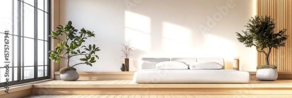 Fototapeta Bright modern living room with large windows, cozy furniture, plants adding freshness, inviting space for relaxation or gatherings.