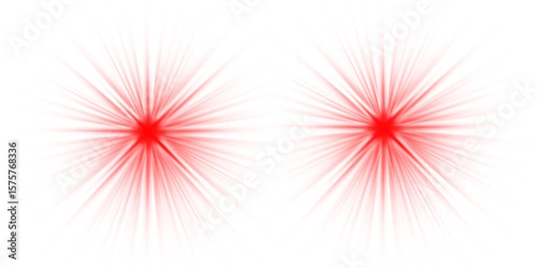 Fototapeta Intense red light flares and starbursts. A warning or alert visual effect and graphic element isolated on a transparent background for striking designs. PNG.