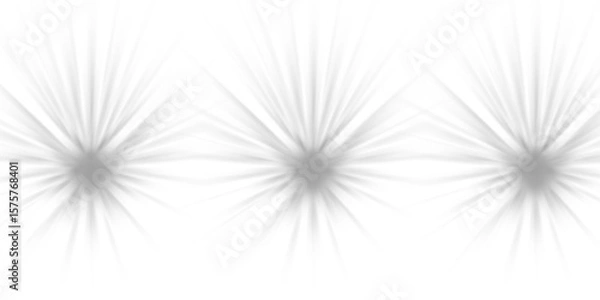 Fototapeta Set of three grey starburst light flares in a line. Abstract overlay elements for pattern or background isolated on transparent background. PNG, Cutout.