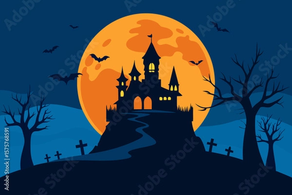 Fototapeta Spooky Halloween night with a haunted castle, silhouetted trees, and bats under a full moon, perfect for an October celebration background