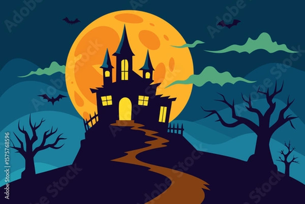Fototapeta Spooky Halloween night with a haunted castle, silhouetted trees, and bats under a full moon