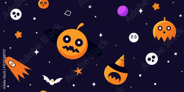 Fototapeta Seamless vector cartoon space pattern with moon, stars, planets, and rocket for your text