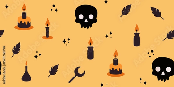 Fototapeta A spooky Halloween seamless pattern featuring pumpkins, bats, and ghosts with red and yellow flames