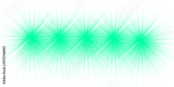 Fototapeta Set of five green light flares and starbursts in a row. A graphic overlay and effect element isolated on a transparent background for digital design. PNG.