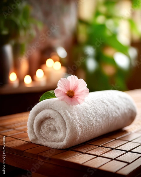 Fototapeta Spa setting with rolled towel, soft lighting and flower accent, conveying relaxation and wellness, ideal for calming promotions.