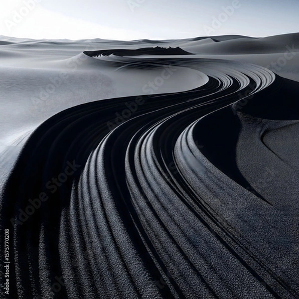 Fototapeta A futuristic or surreal landscape of a winding black road through a dark, minimalist terrain.