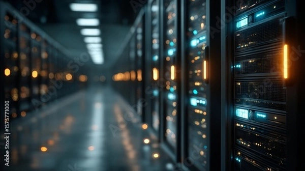 Fototapeta Long dark corridor of a data center with server racks