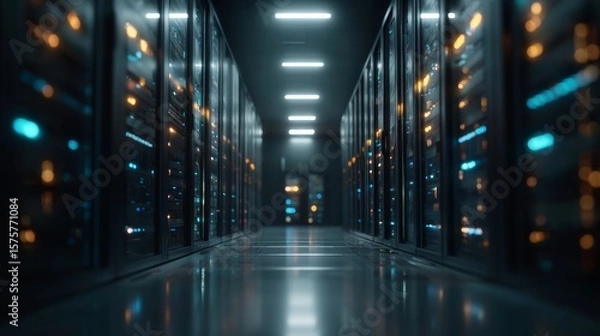 Fototapeta Data center corridor with racks of glowing servers