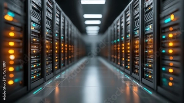 Fototapeta Futuristic data center corridor with server racks