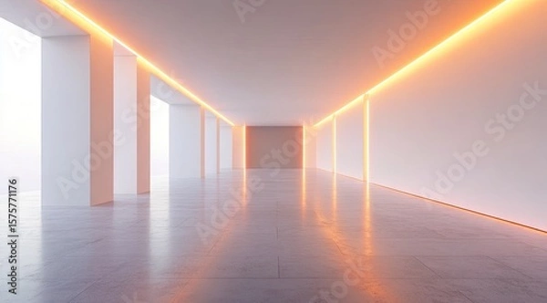 Obraz Empty modern corridor, lit by orange LED strips
