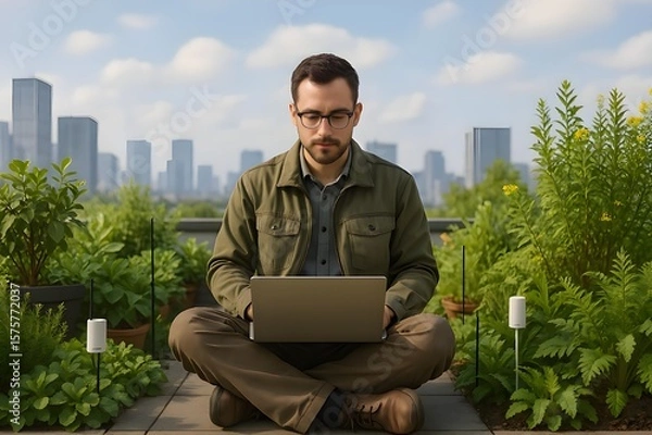Obraz Urban Forest Technologist on a Green Rooftop: Sitting Cross-Legged Among Native Plants with Laptop