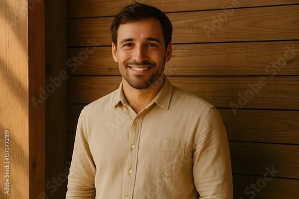 Obraz Agritech Startup CEO Portrait in a Modern Wooden Barn with Morning Natural Light and Casual Organic Attire