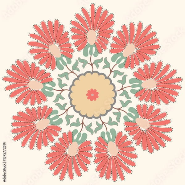 Fototapeta Circle shape suzani pattern - traditional art object in Uzbekistan. Digital patterns for textiles and fabrics. Uzbekistan culture