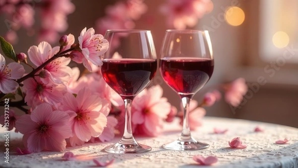 Fototapeta Two glasses of red wine resting on a lace tablecloth amidst a blossoming floral arrangement.