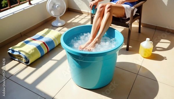 Fototapeta Relaxing summer day with ice bath for refreshment on balcony with towel and fan, blissful coolness
