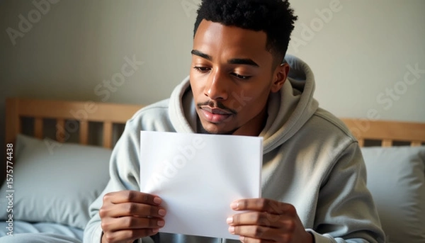 Fototapeta Thoughtful person holding blank paper in cozy room atmosphere with copy space. A quiet pause before words take shape.