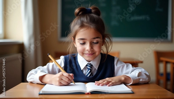 Fototapeta young girl in uniform writing in notebook sitting at desk in classroom with chalkboard behind her