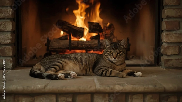 Fototapeta A warm, inviting domestic scene with a tabby cat contently lying on a stone hearth, surrounded by rustic brick and natural textures, captured in high detail.