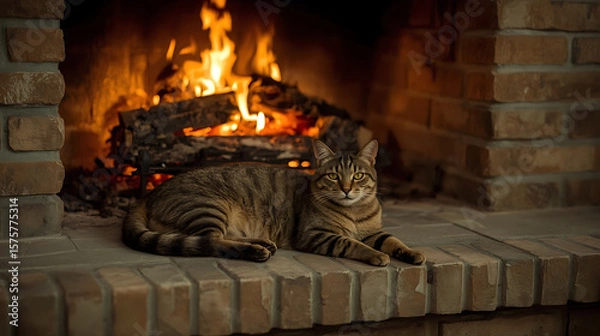 Fototapeta A warm, inviting domestic scene with a tabby cat contently lying on a stone hearth, surrounded by rustic brick and natural textures, captured in high detail.