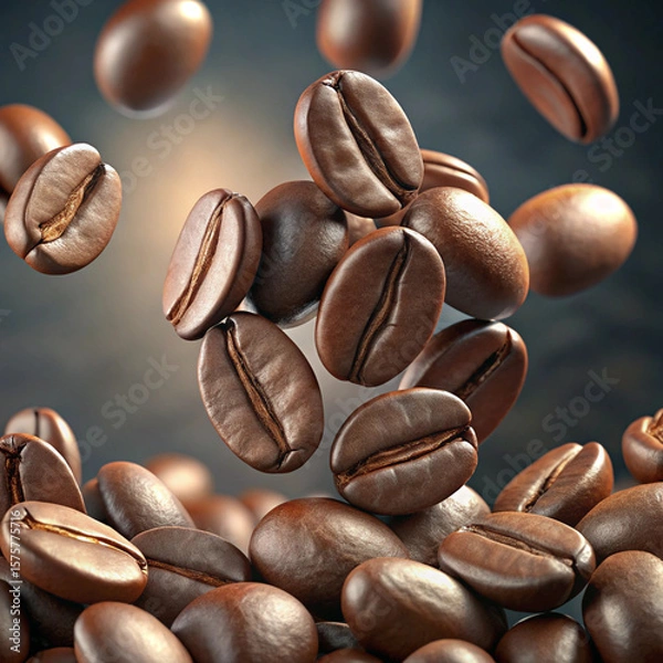 Fototapeta Falling Coffee Beans for Commercial Use: Dynamic image of roasted coffee beans falling against a dark background, ideal for packaging, cafe branding, advertising, and food industry design.