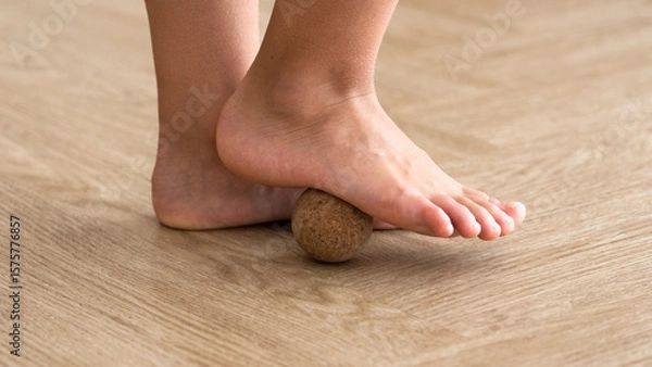 Obraz prevention of flat feet concept, closeup of child's feet with massage ball, orthopedic, exercises