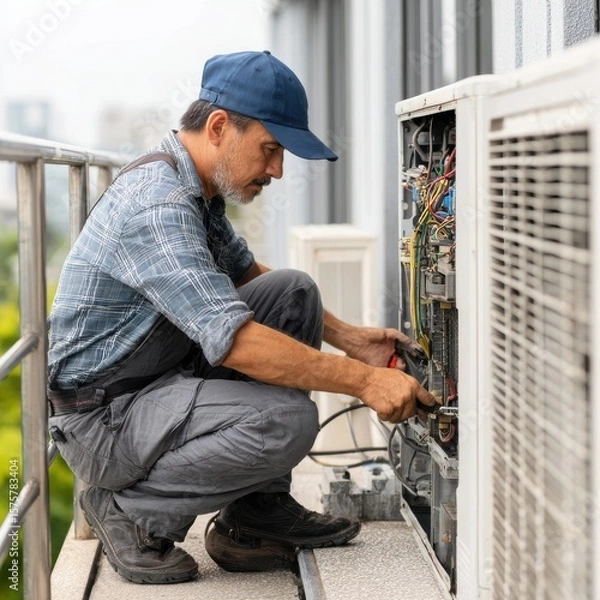 Obraz A man kneels on a balcony working on an air conditioner