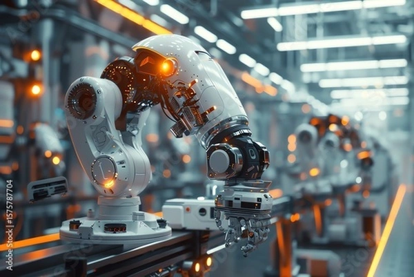 Fototapeta Industrial robots on assembly line.
