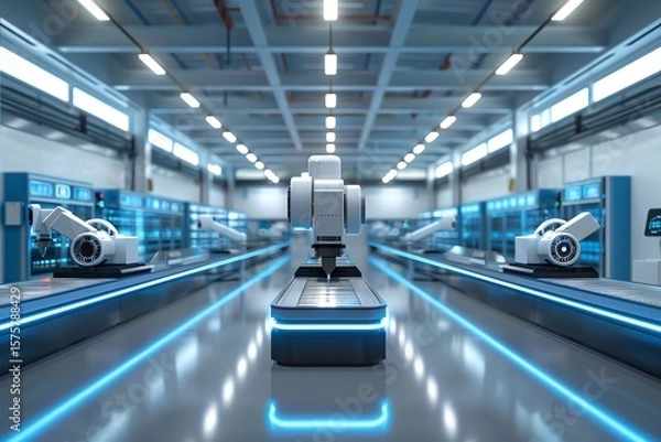 Fototapeta Automated factory with robotic arms and conveyor belts.