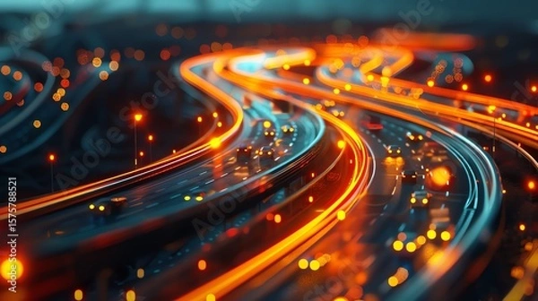 Fototapeta Abstract highway with glowing light trails at night.