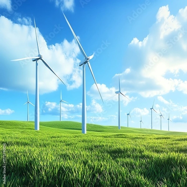 Fototapeta Wind turbines in a green field under a blue sky.