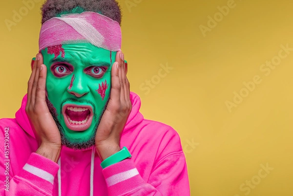 Fototapeta A stylish man with painted face, dressed in green, pink, and yellow tones, striking a bold pose — a vibrant and playful take on the classic Halloween theme.