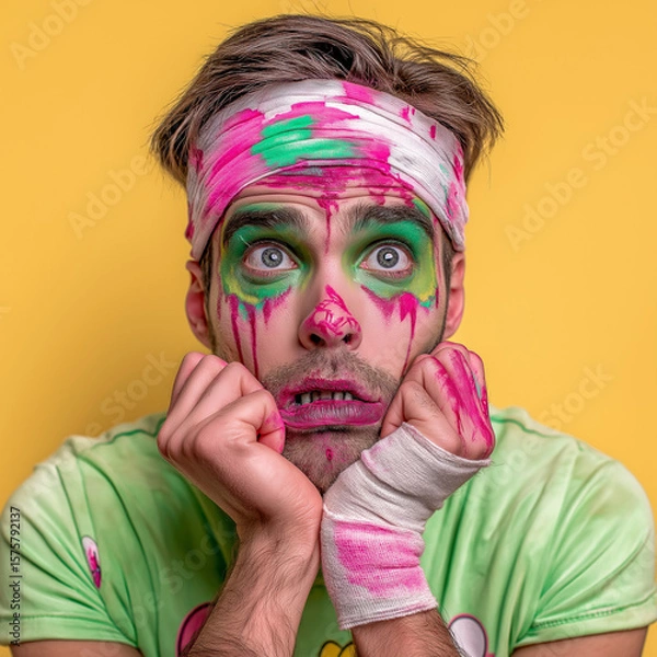 Fototapeta A stylish man with painted face, dressed in green, pink, and yellow tones, striking a bold pose — a vibrant and playful take on the classic Halloween theme.