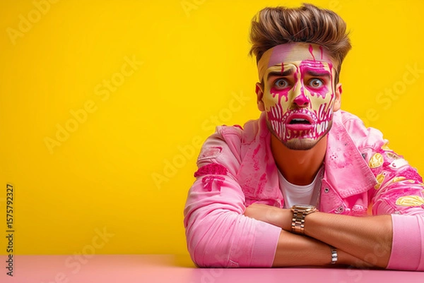 Fototapeta A stylish man with painted face, dressed in green, pink, and yellow tones, striking a bold pose — a vibrant and playful take on the classic Halloween theme.