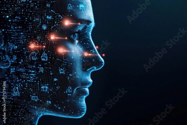 Obraz Digital face artificial intelligence technology data visualization futuristic cybernetic profile network communication security innovation human like algorithm digital art virtual information