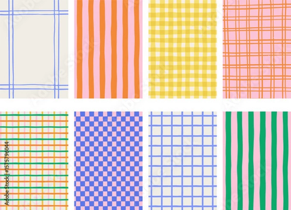 Fototapeta Retro, vintage hand drawn abstract patterned backgrounds. French, Italian style patterns with strips, checkered and plaid vector pattern