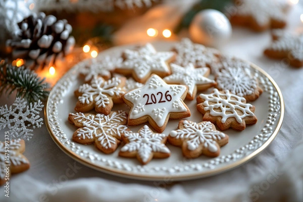 Fototapeta Festive 2026 cookies with snowflake icing on elegant plate